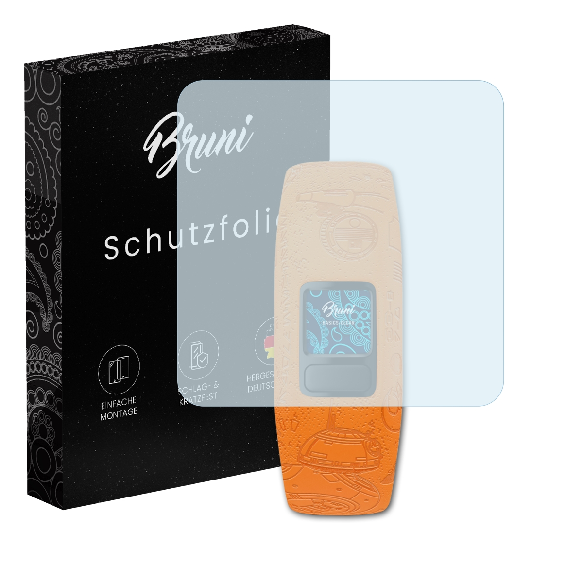 Ein orangefarbenes Gerät mit Displayschutzfolie und einer schwarzen Box mit Text. Das Gerät hat ein blaues Blumenmuster.