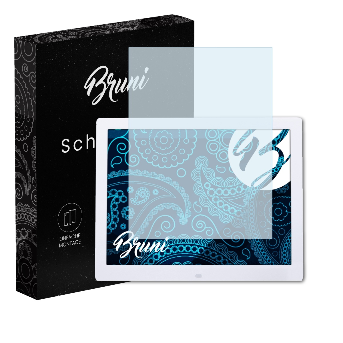 Ein Tablet und ein Displayschutz neben einer schwarzen Box mit 'Bruni' und 'Schutzfolie'.