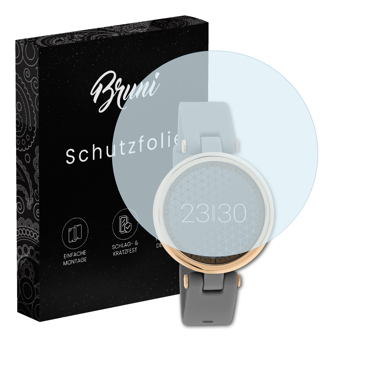Smartwatch mit Displayschutzfolie und Box. Die Box hat Text: Bruni Schutzfolie. Schutz bedeckt den Uhrenbildschirm.