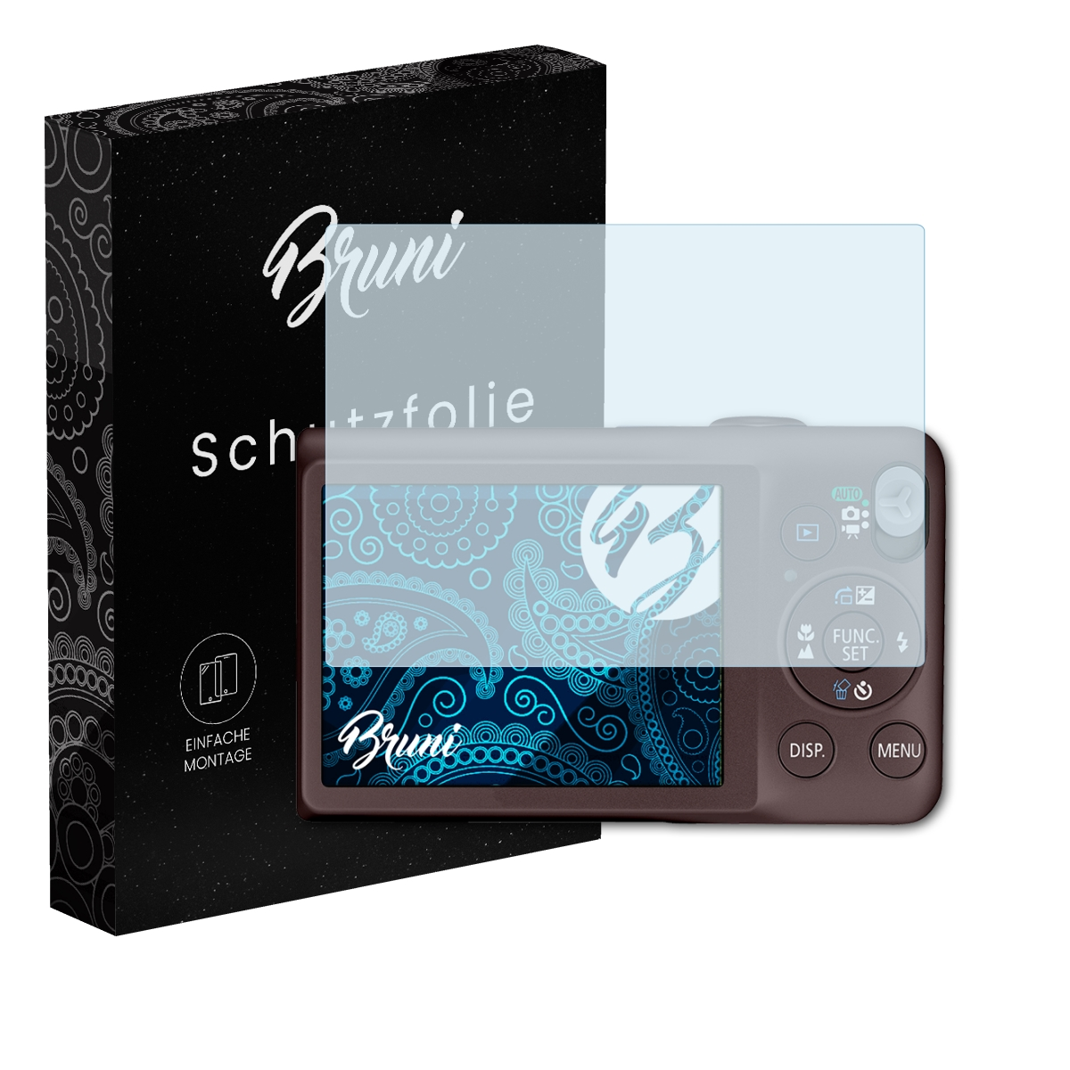 Kamera mit Displayschutzfolie und Box. Die Box hat Text: Bruni Schutzfolie. Der Schutz bedeckt den Kamerabildschirm.
