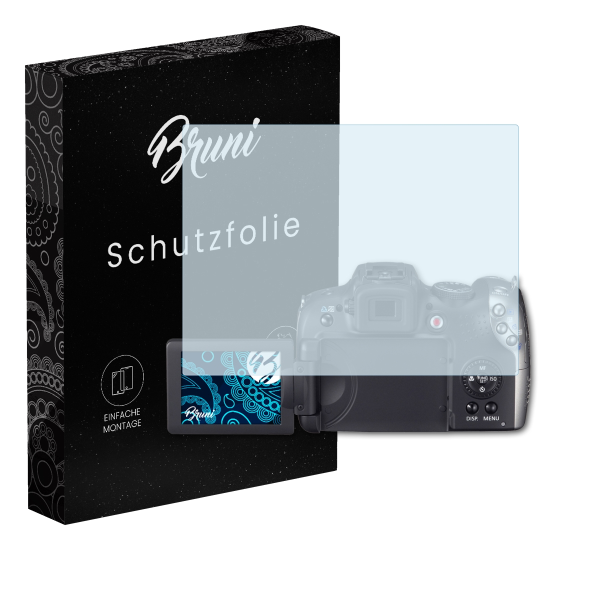Eine Kamera mit Displayschutzfolie neben einer Markenbox.