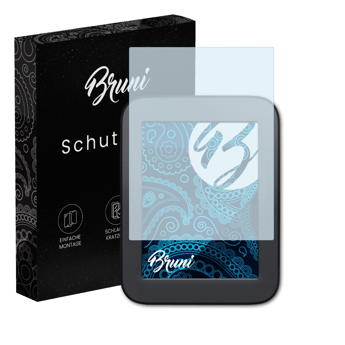 Ein Gerät mit Displayschutzfolie und eine schwarze Box mit Text.