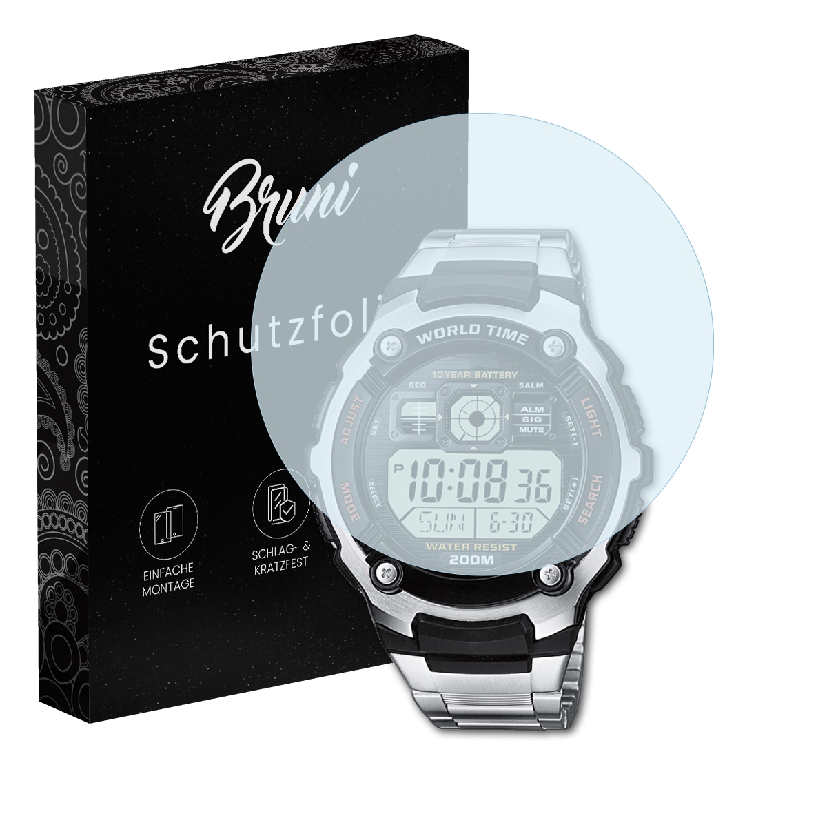 Uhr mit Displayschutzfolie, Zeit wird angezeigt. Schwarze Schachtel mit 'Bruni'.