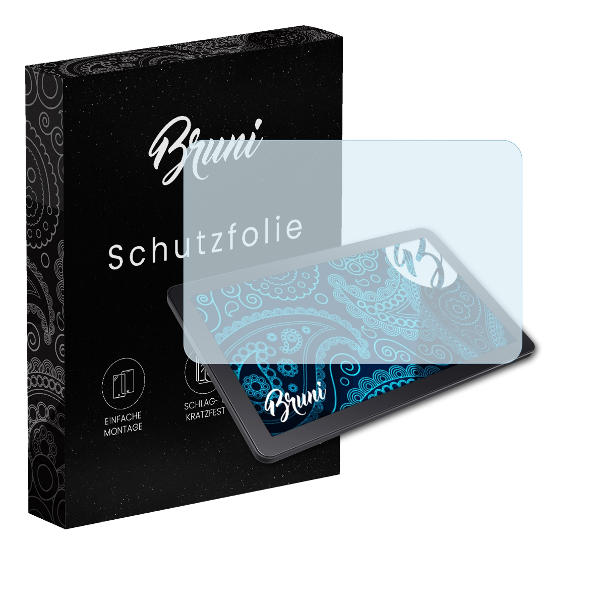 Ein Tablet mit Displayschutzfolie und einer Box. Auf der Box steht 'Bruni Schutzfolie'.