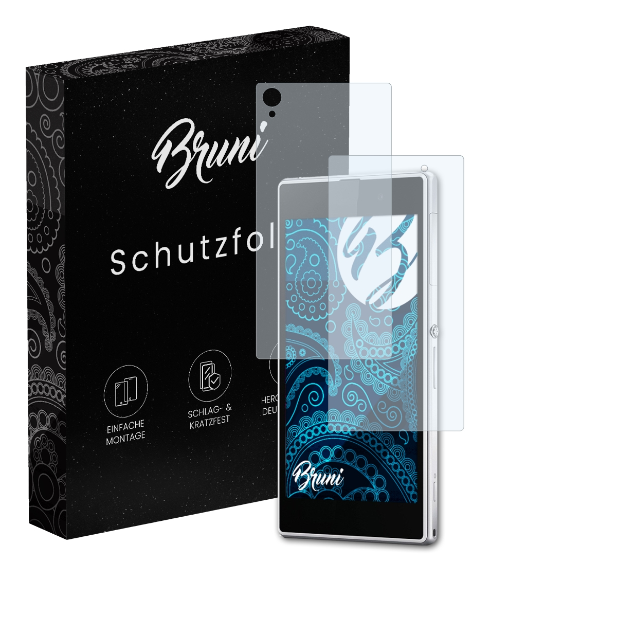 Ein Smartphone mit zwei Displayschutzfolien und einer Box. Auf der Box steht 'Bruni Schutzfolie'.
