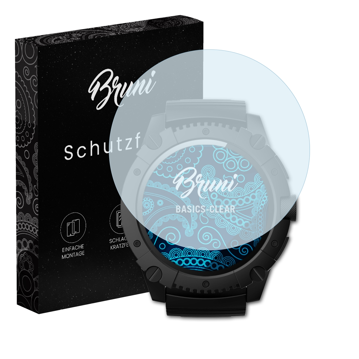 Eine Smartwatch mit Displayschutzfolie neben einer Box mit 'Bruni' und 'schutz'.