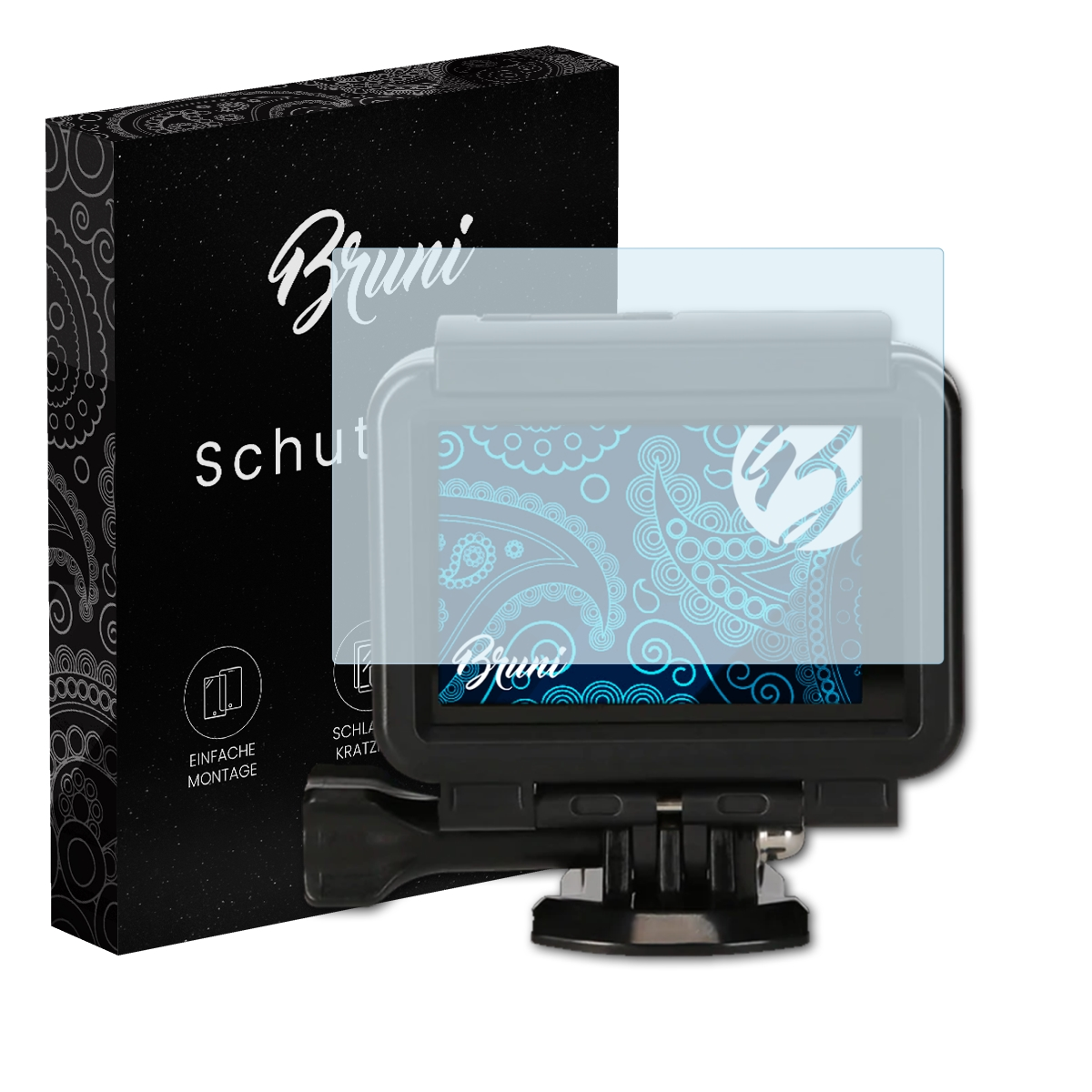 Kamera mit Displayschutzfolie auf dem Bildschirm, neben einer schwarzen Box mit Text. Der Schutz ist klar.