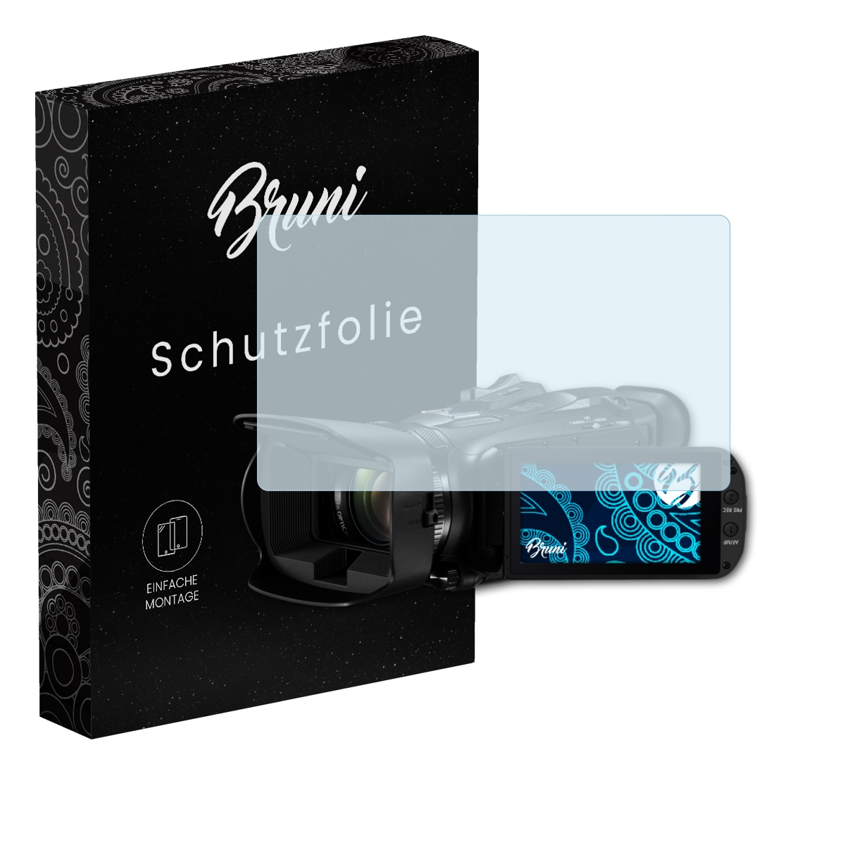 Schwarze Box mit Text. Eine Videokamera mit Displayschutzfolie davor.