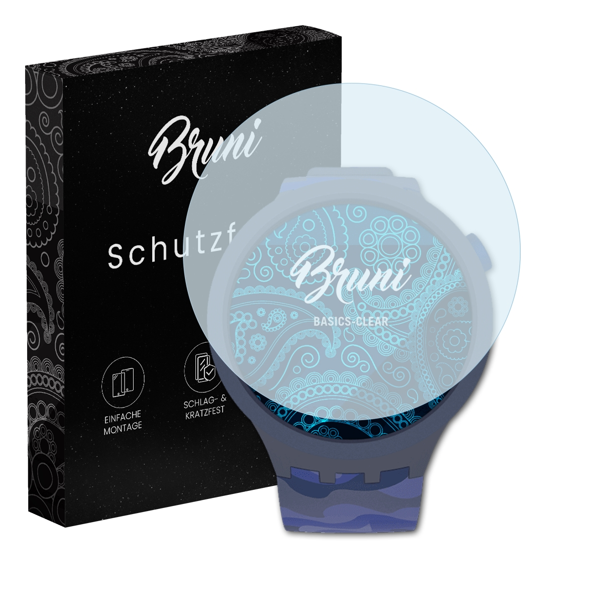 Smartwatch mit Displayschutz und Schachtel. Die Schachtel ist schwarz mit weißem Text. Der Schutz ist hellblau.