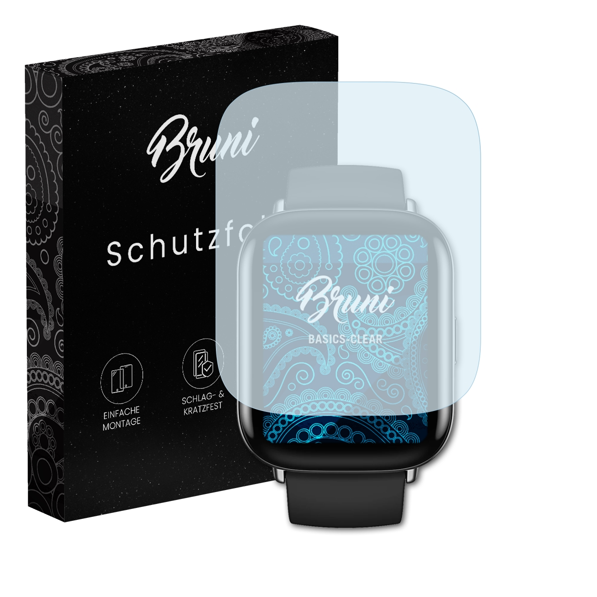 Eine Smartwatch mit Displayschutzfolie und Produktbox, beide mit Bruni-Logo und Text 'schutzfolie'.
