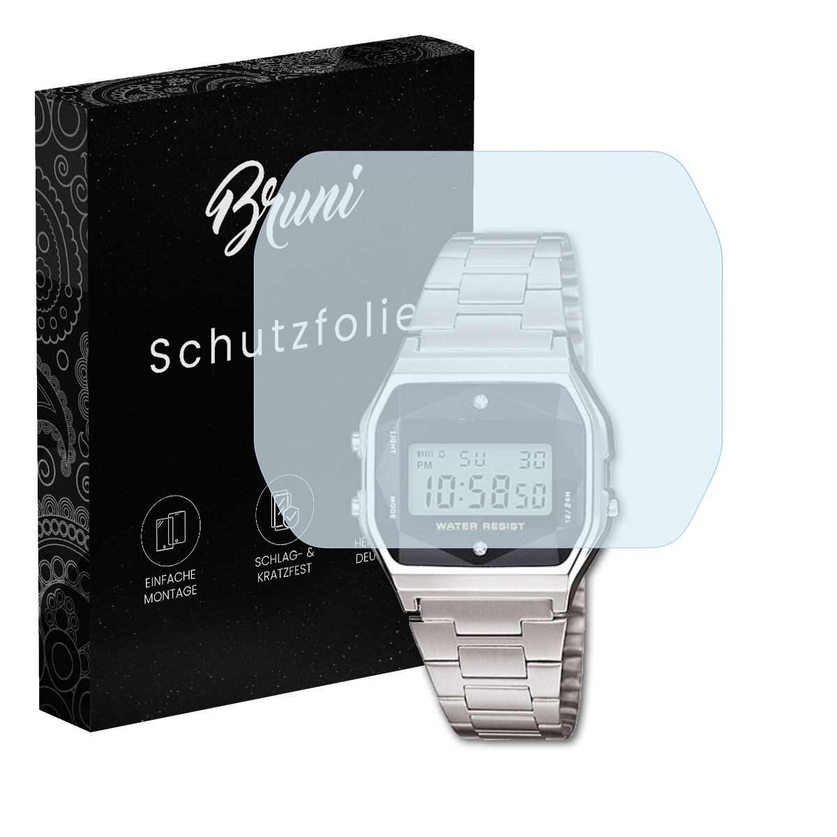 Digitaluhr mit Displayschutzfolie und schwarzer Schachtel mit 'Bruni Schutzfolie'.