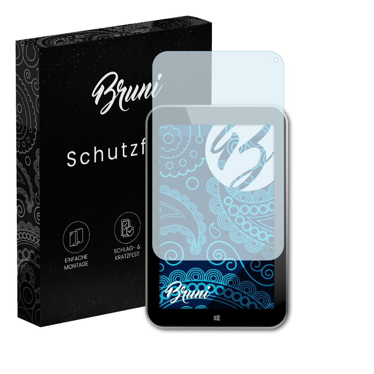 Blauer Displayschutz für ein schwarzes Smartphone mit Bruni-Logo und Verpackung.