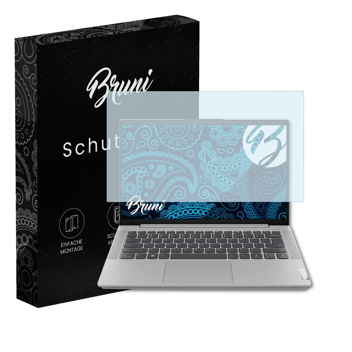 Ein Laptop mit Displayschutz neben einer schwarzen Schachtel mit 'Bruni'.