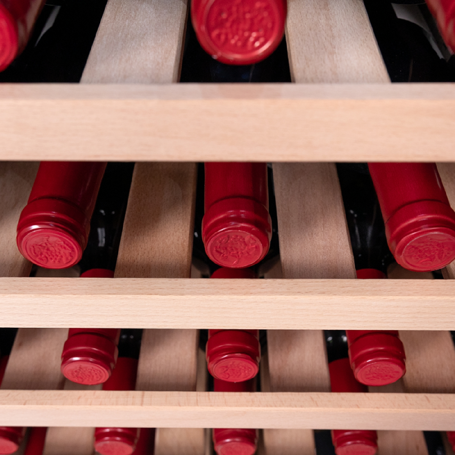 Reihen von Rotweinflaschen in einem Weinregal aus Holz.