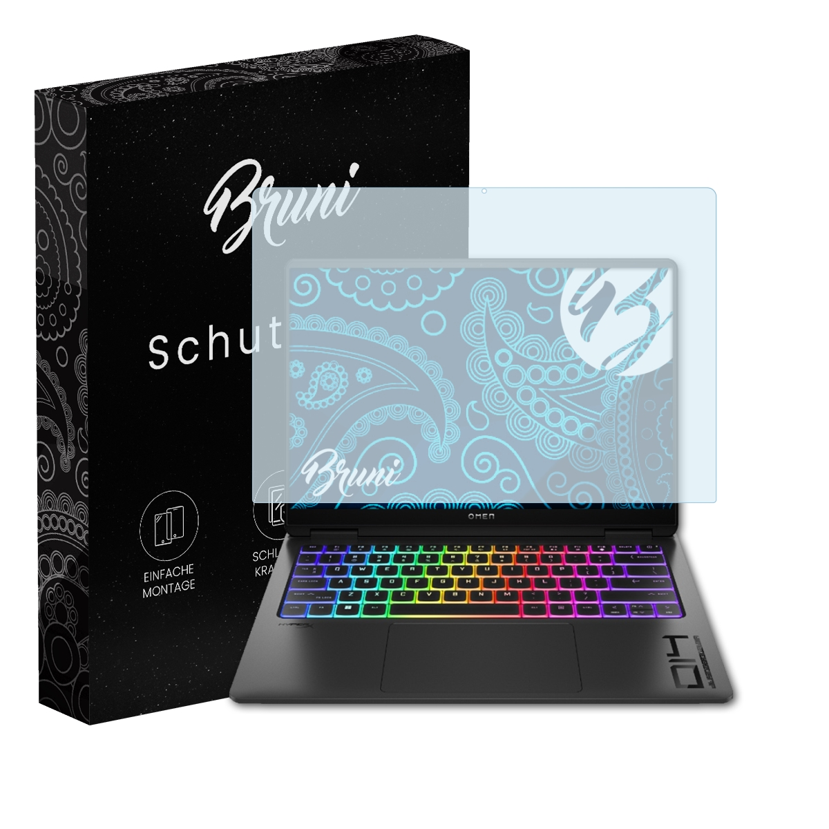 Ein Laptop mit Displayschutzfolie und einer Box. Der Bildschirm zeigt eine farbenfrohe Tastatur und den Markennamen.