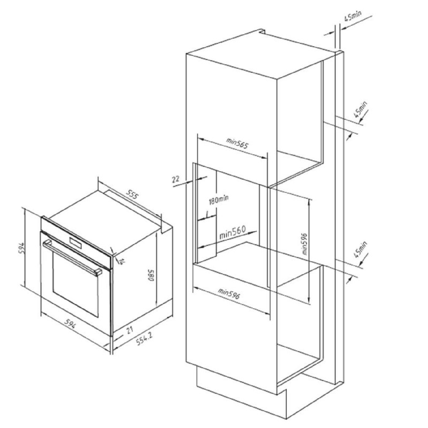 Un dibujo técnico de un horno empotrado y un armario con medidas y etiquetas.