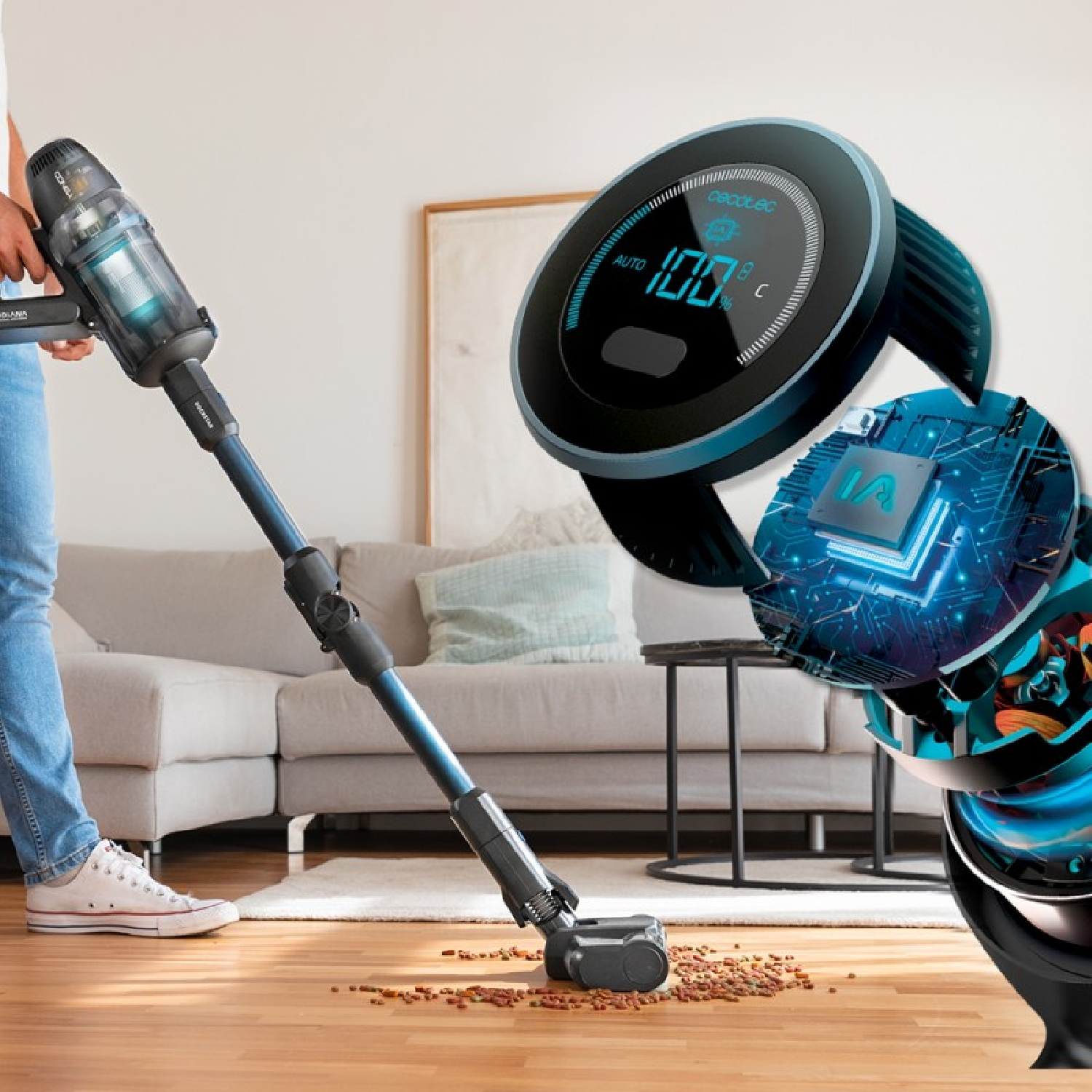 Una persona sta passando l'aspirapolvere sul pavimento in legno con un aspirapolvere blu e grigio. Un display digitale è visibile.