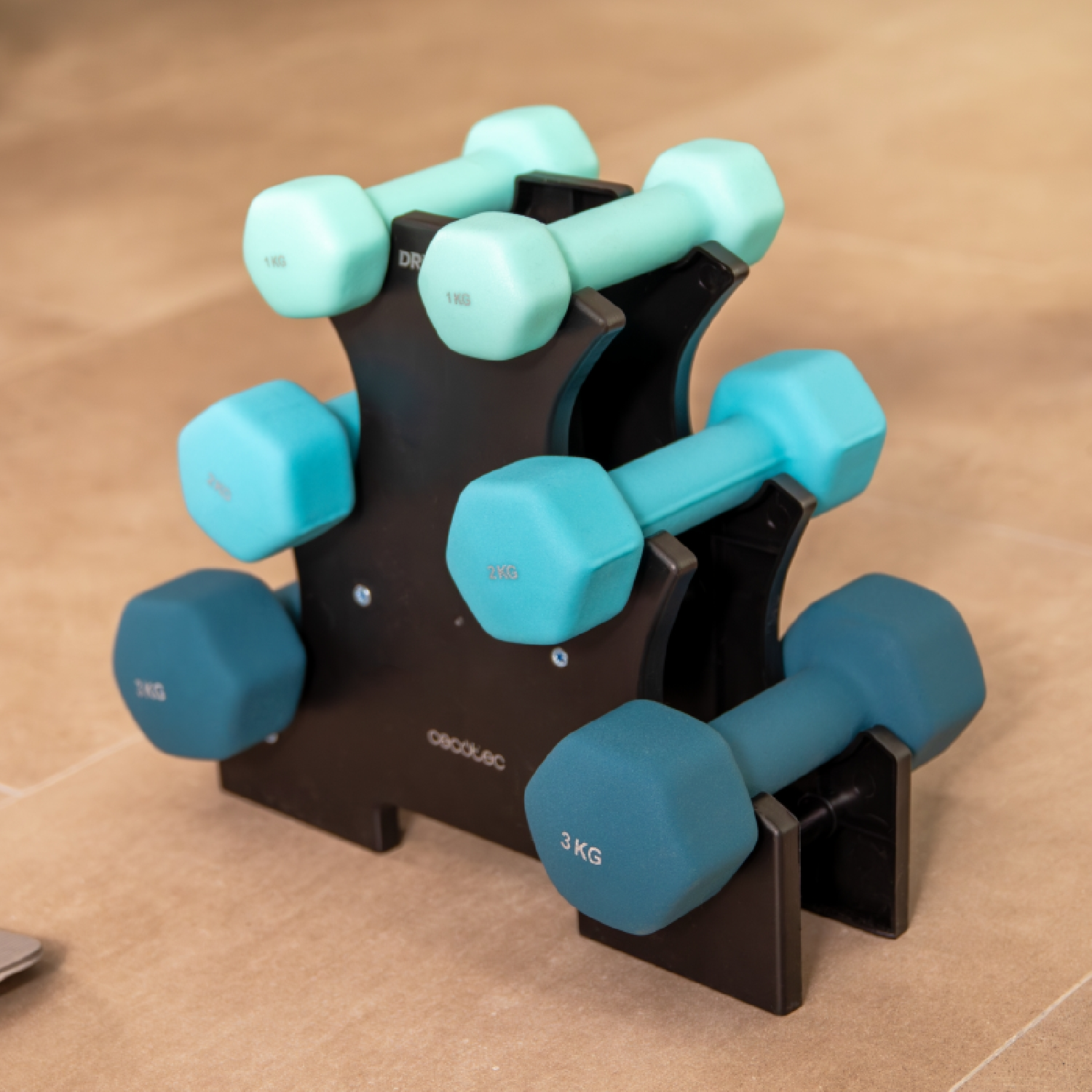Stojak na hantle z niebieskimi hantlami i jasnobrązową podłogą.