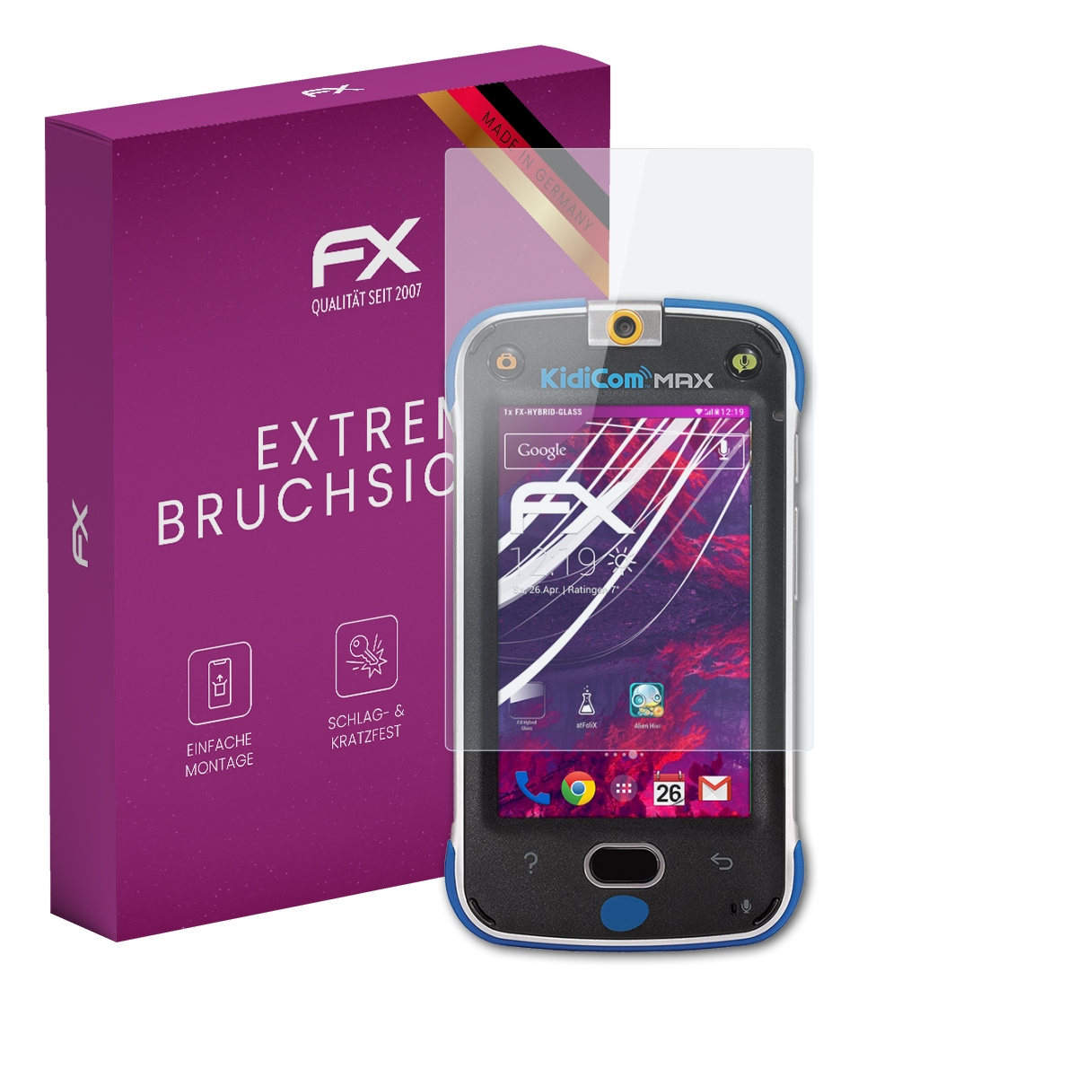 Smartphone mit Displayschutz und Box, Marke FX.