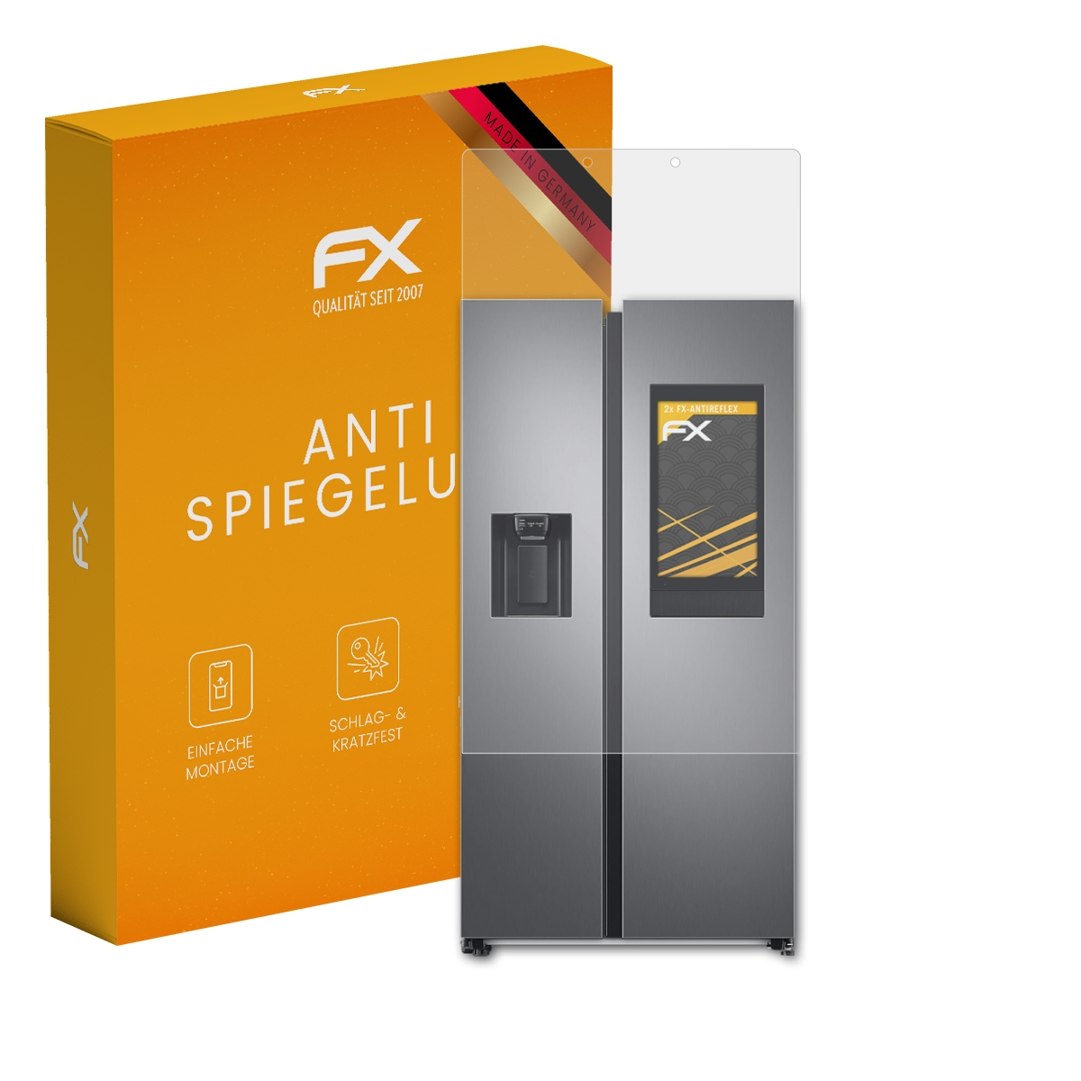 Ein Kühlschrank mit einer Displayschutzfolienbox daneben, orange und silber.