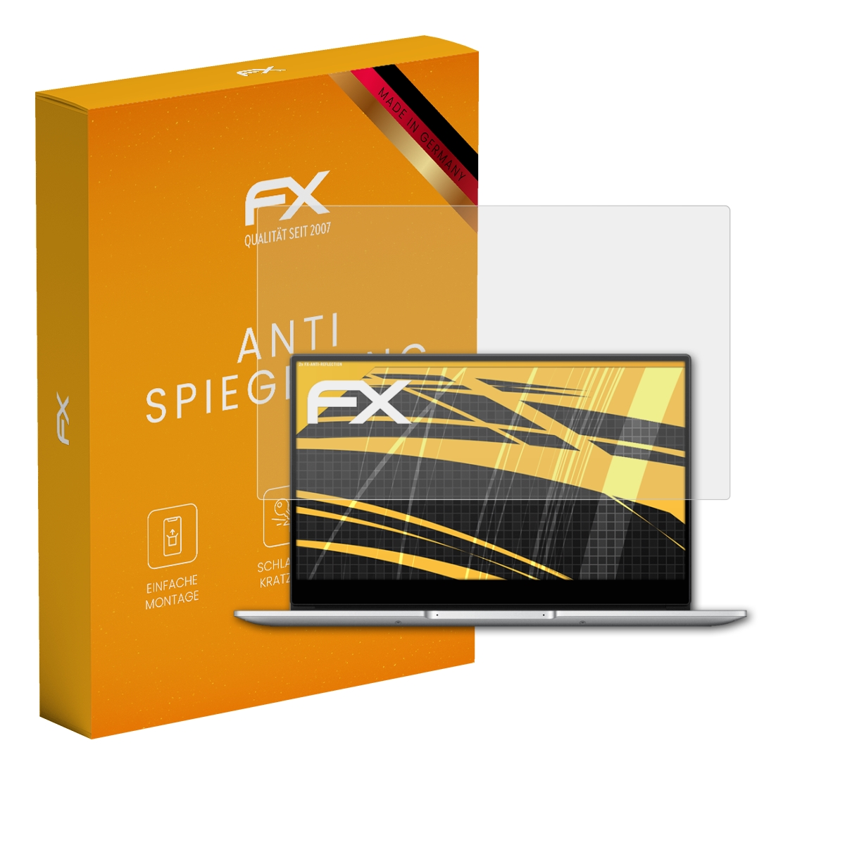 Laptop mit Displayschutz und Box. Box hat Produktinfo. Schutz ist klar und bedeckt den Bildschirm.