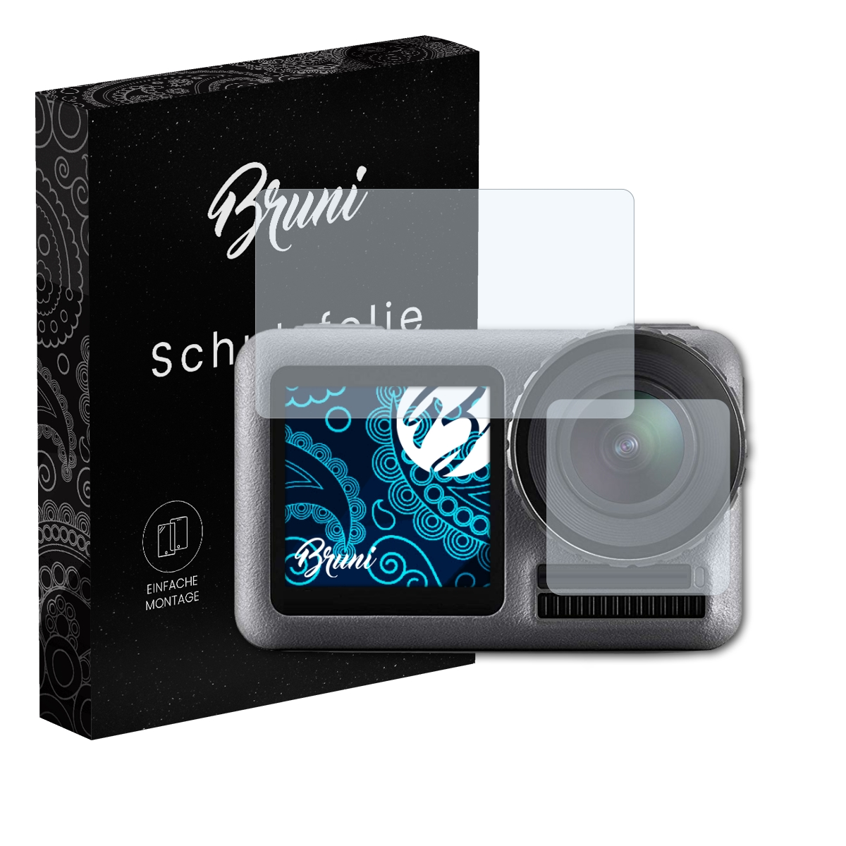 Eine schwarze Box und ein schwarzes Gerät mit Displayschutzfolie. Der Displayschutz bedeckt den Bildschirm.