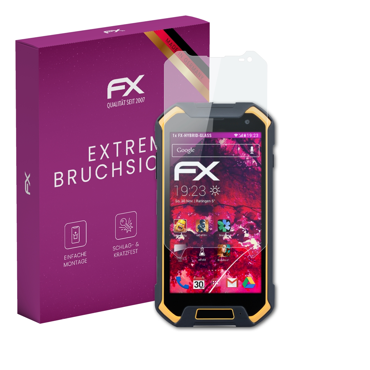 Robustes Telefon mit Displayschutzfolie und einer lila Box.