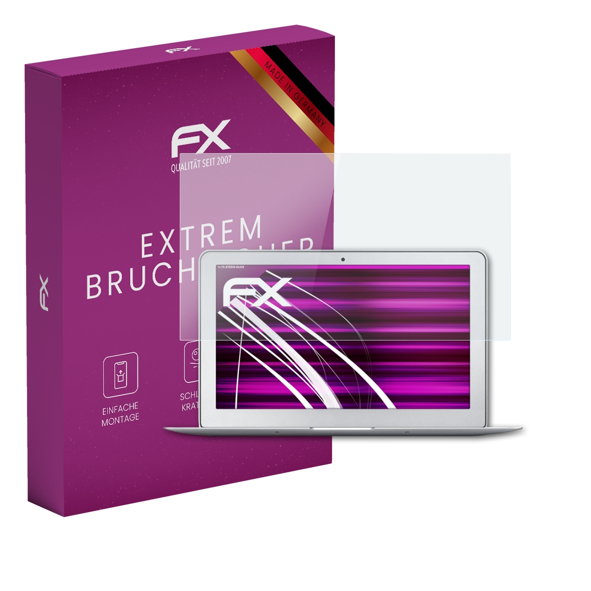 Laptop mit Displayschutz, pinke Box mit 'FX' Logo. Laptop hat Bildschirm mit lila Streifen.
