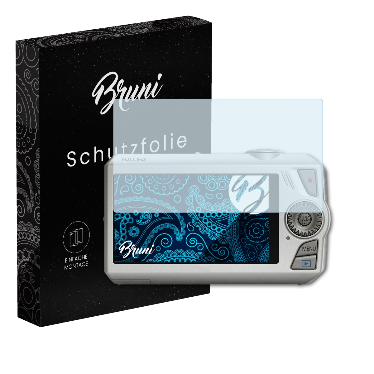Weiße Kamera mit Displayschutzfolie neben einer schwarzen Box. Auf der Box steht 'Bruni Schutzfolie'.