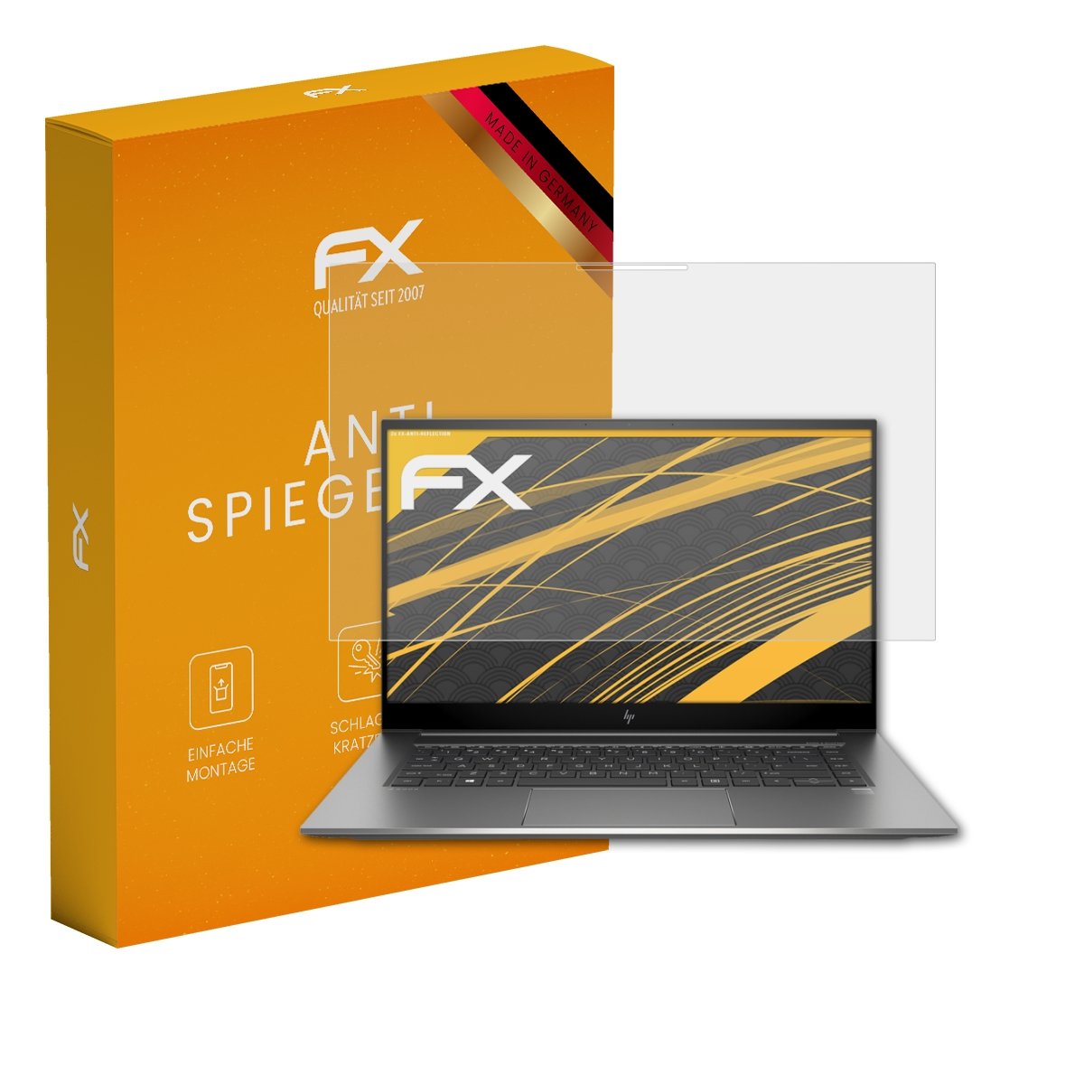 Laptop mit Displayschutzfolie neben einer orangen Box. Made in Germany. Entspiegelnde Displayschutzfolie.