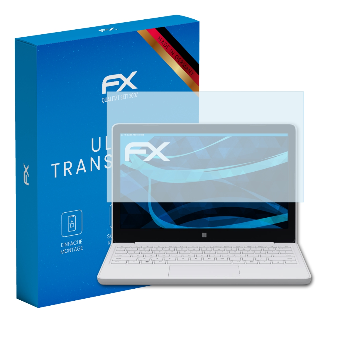 Laptop mit Displayschutz und einer Box. Box liest 'FX ULTRA TRANSPARENT'. Schutz ist klar.