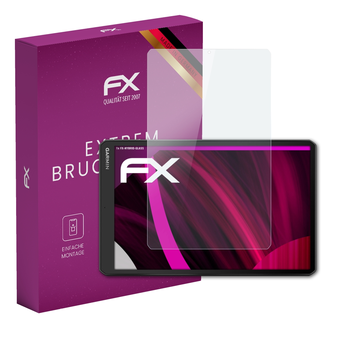 Tablet mit Displayschutzfolie und lila Box. Beide Artikel sind mit der Marke FX gekennzeichnet.