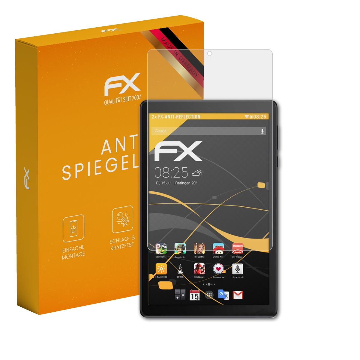 Ein Tablet mit Displayschutzfolie und einer orangefarbenen Box mit 'FX'-Logo. Der Bildschirm zeigt Zeit und Apps.