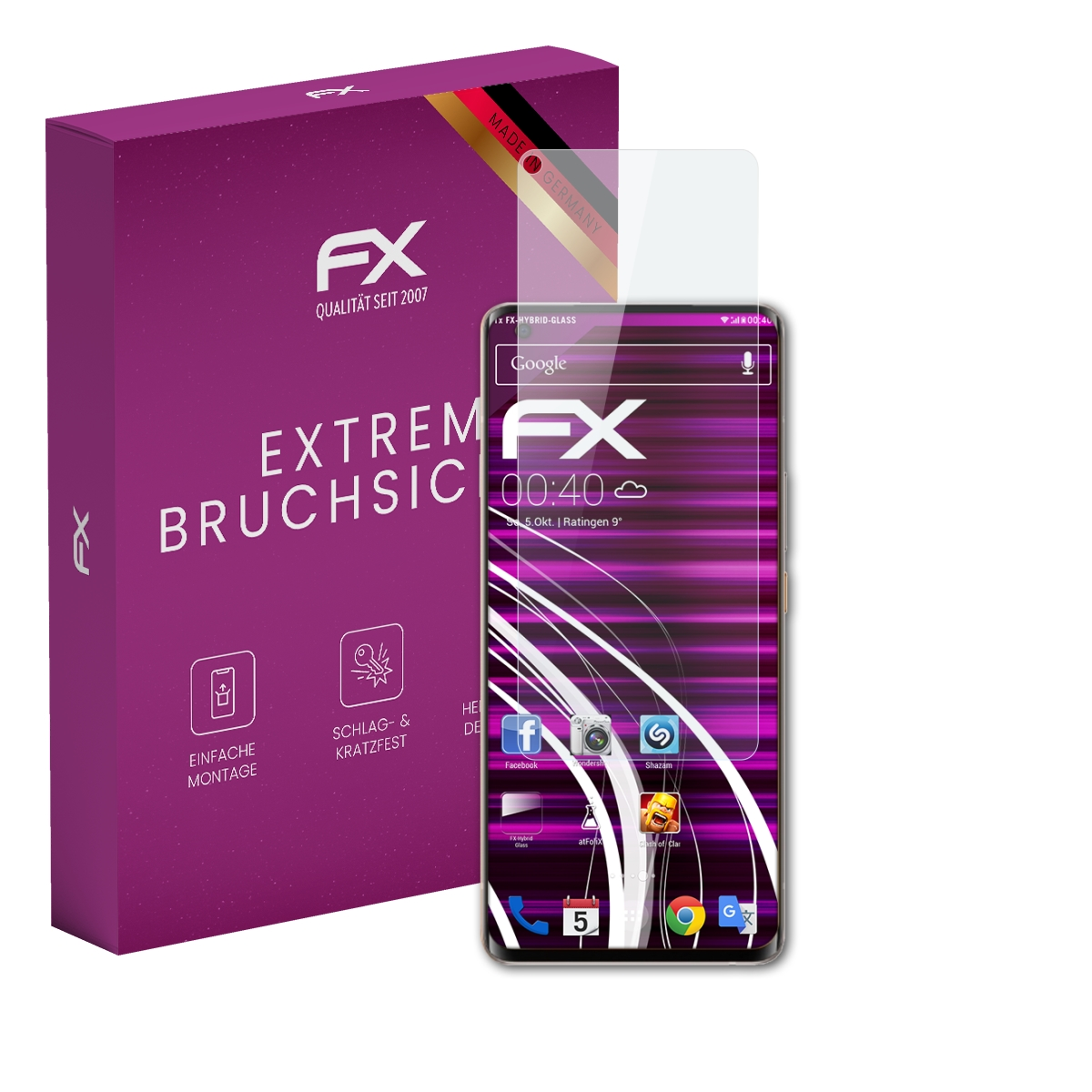 Ein Telefon, eine Displayschutzfolie und eine Verpackung. Das Telefon zeigt die Uhrzeit. Die Box ist lila.