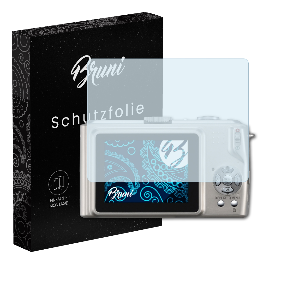 Silberne Kamera mit Displayschutzfolie, Karton links.