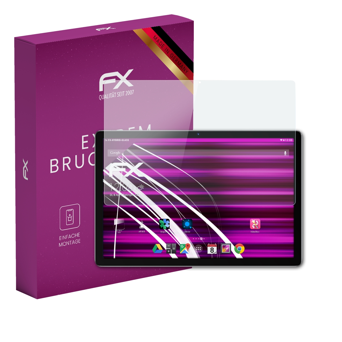 Tablet mit Displayschutzfolie und Verpackung. Der Bildschirm zeigt eine Benutzeroberfläche mit Symbolen und Zeit.
