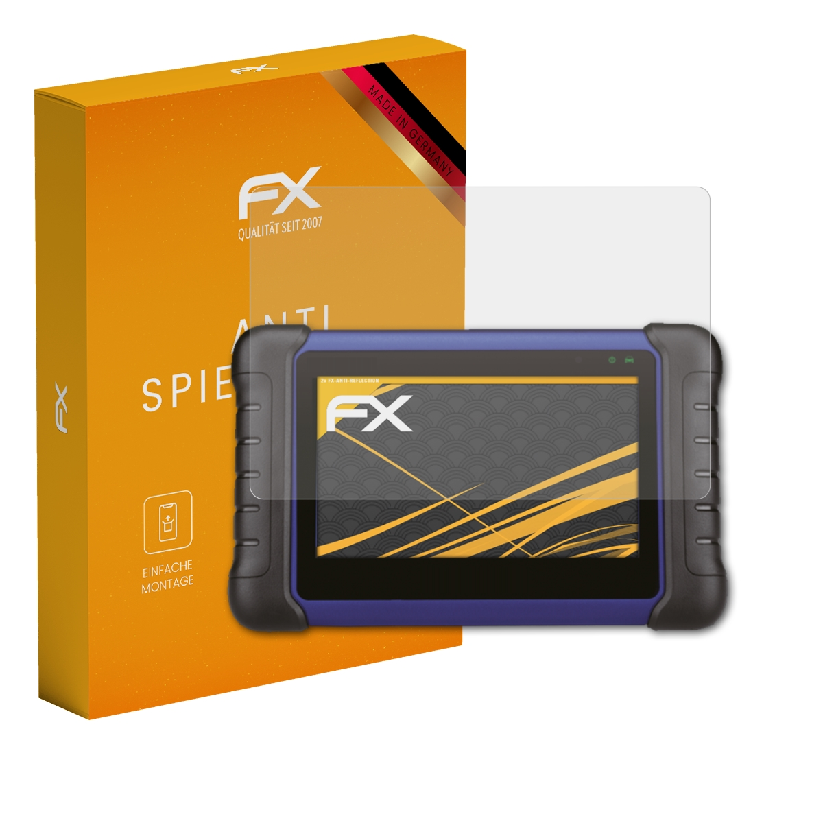 Diagnosegerät mit Displayschutzfolie, orange Box mit FX-Logo und Text. Anzeige zeigt Oberfläche.