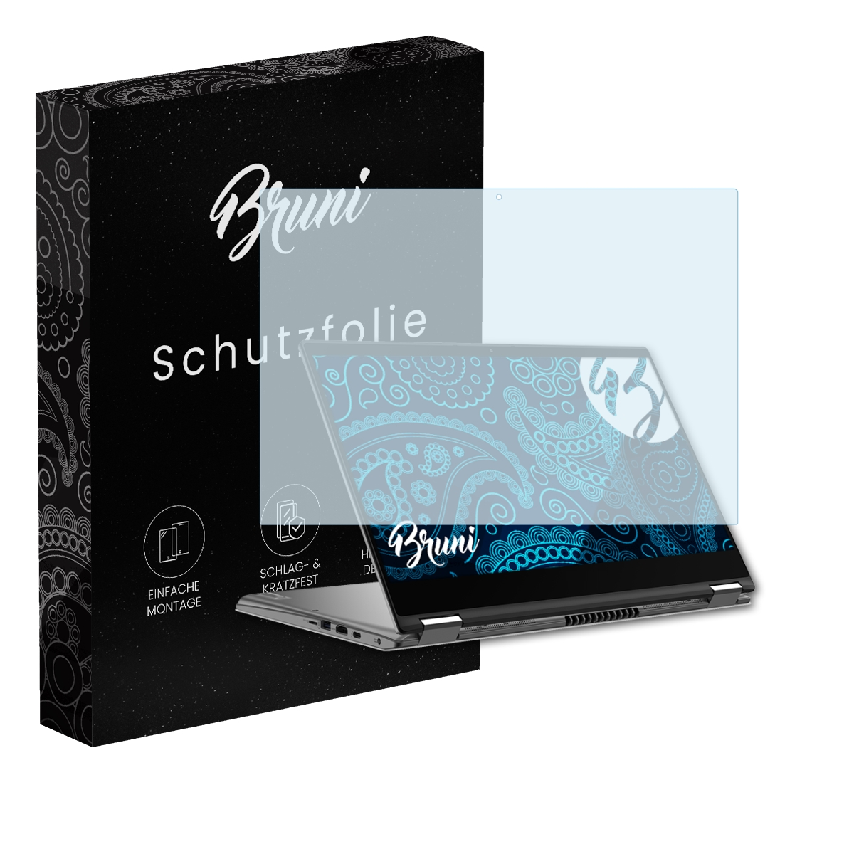 Laptop mit Displayschutzfolie und Box. Auf der Box steht 'Bruni Schutzfolie'.