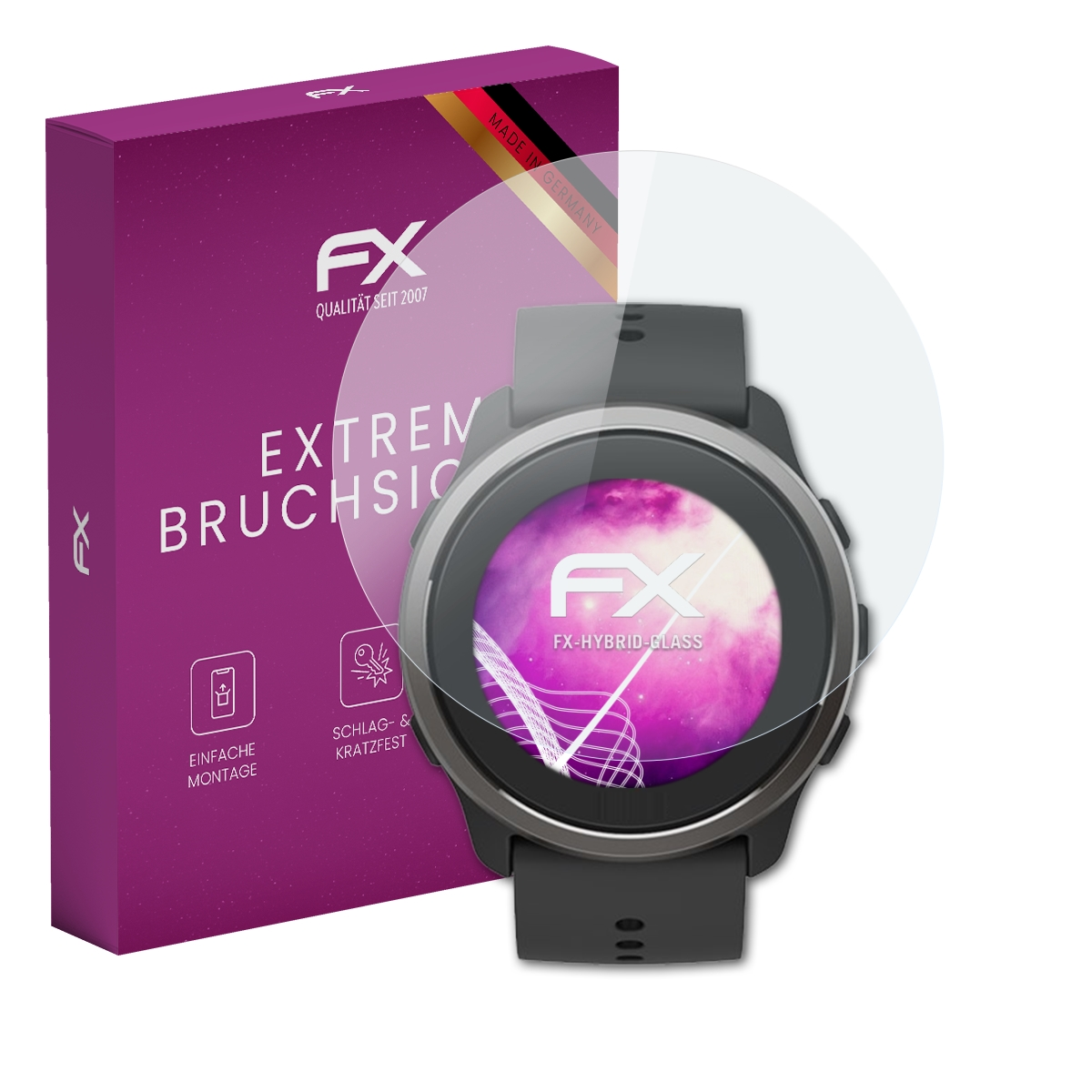 Lila Box, eine Smartwatch und eine runde Displayschutzfolie. Text auf der Box: 'FX Extrem Bruchsic'.