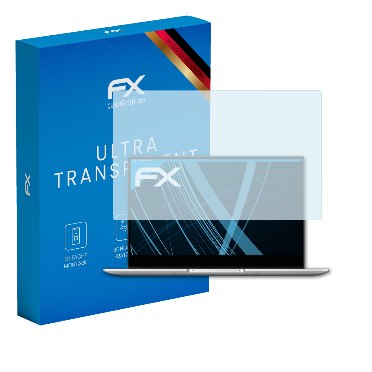 Laptop mit Displayschutzfolie und blauer Box. Die Box hat 'Made in Germany' und das FX-Logo.