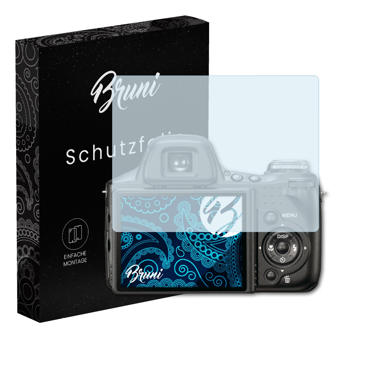 Kamera mit Displayschutzfolie und eine Box mit Produktinformationen. Blaue und schwarze Farben, die Marke ist Bruni.