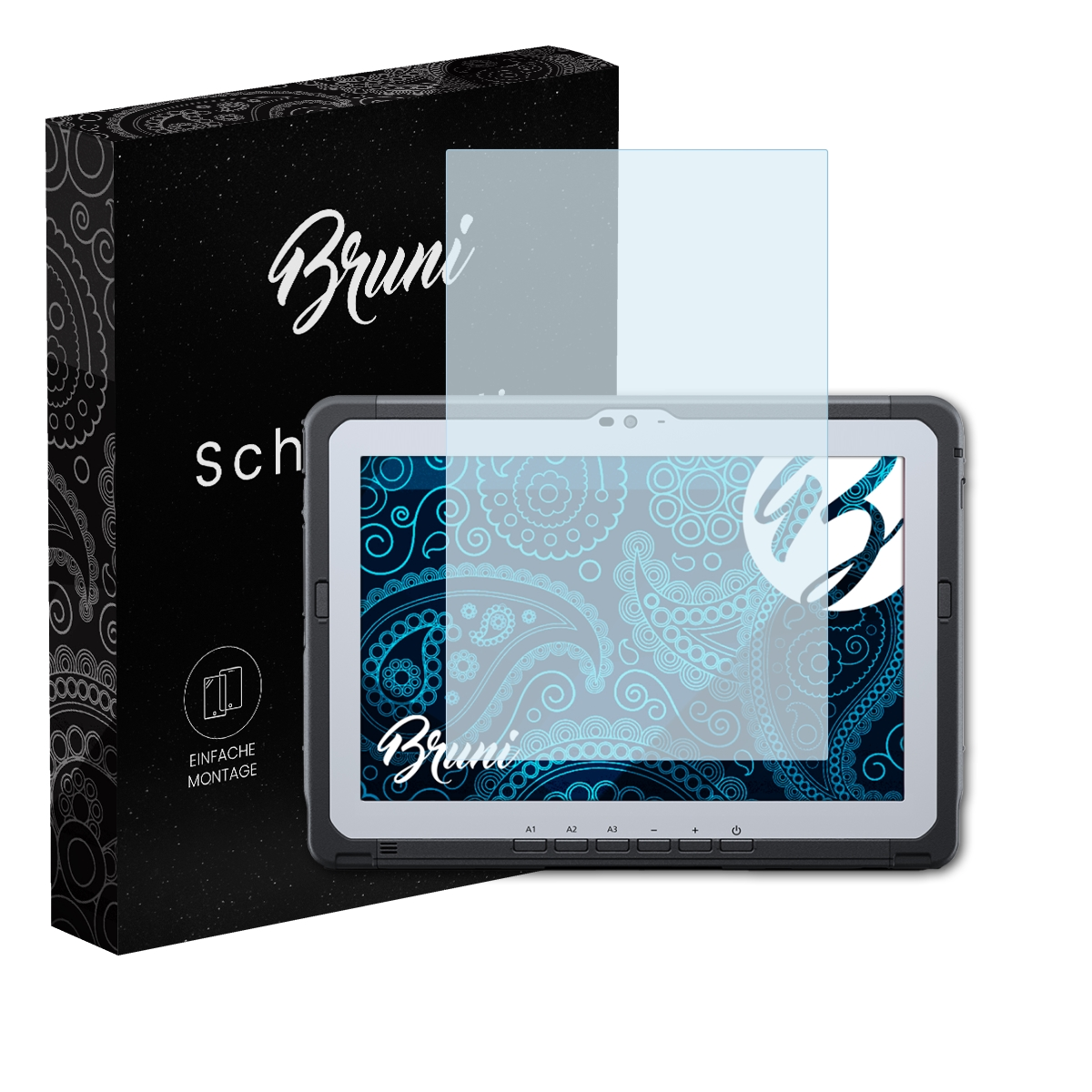Schwarze Box und Tablet mit Displayschutz. Der Bildschirm hat ein blaues Muster und der Markenname ist sichtbar.