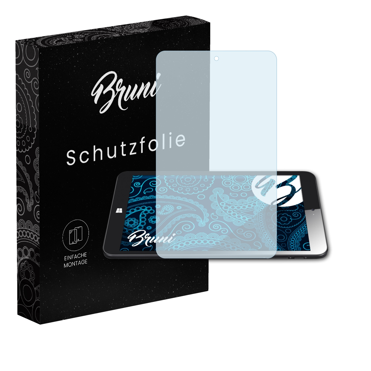 Schwarze Box, Displayschutzfolie über Tablet. Text: Bruni, Schutzfolie.