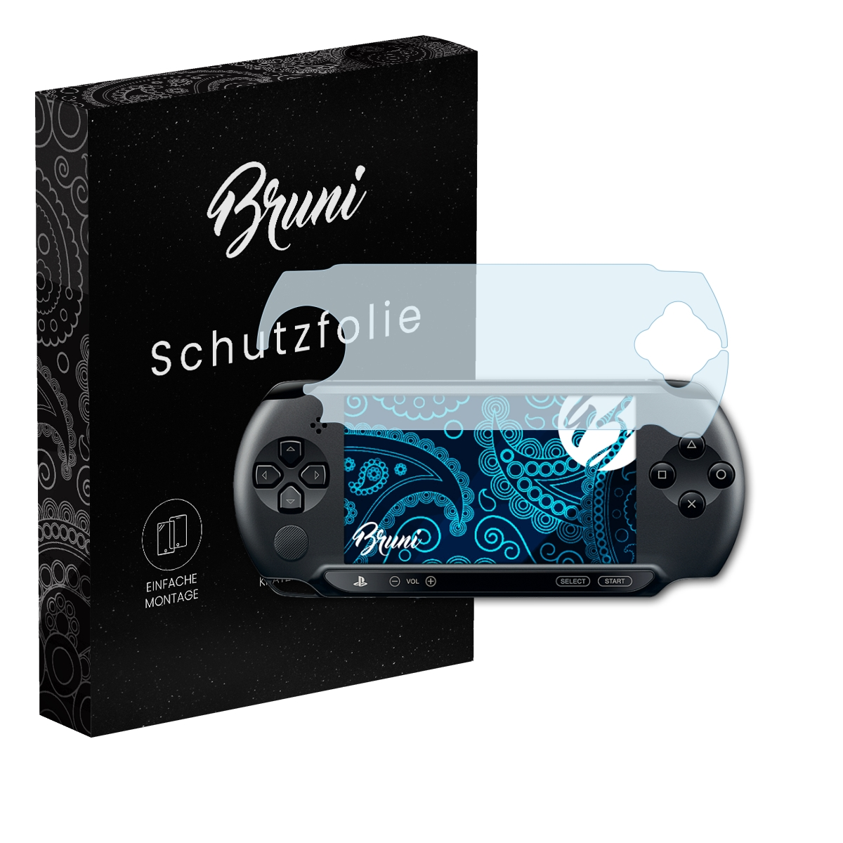 Eine Spielkonsole mit Displayschutzfolie neben der Box mit deutschem Text.