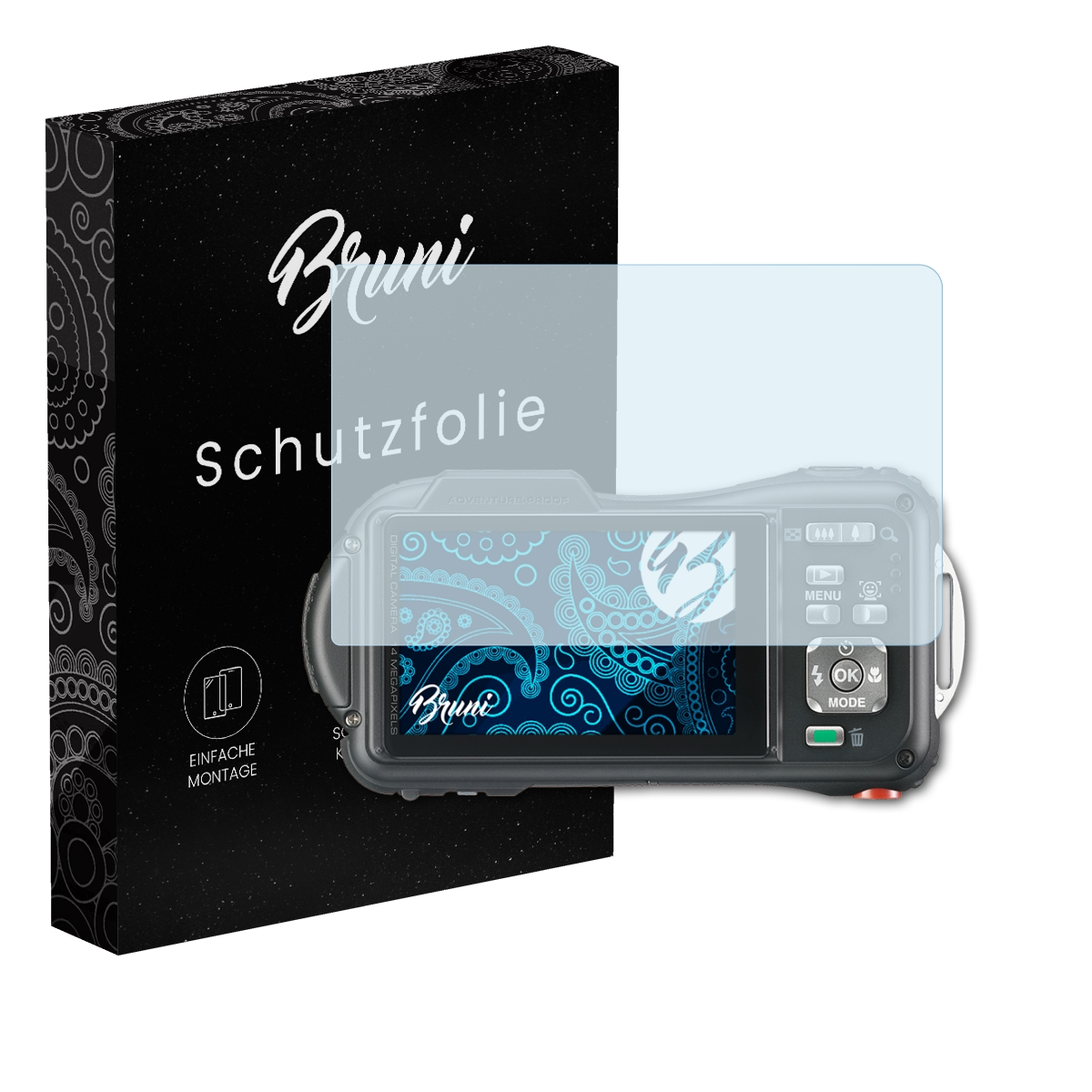 Eine Kamera mit Displayschutzfolie und eine Box mit dem Markennamen.