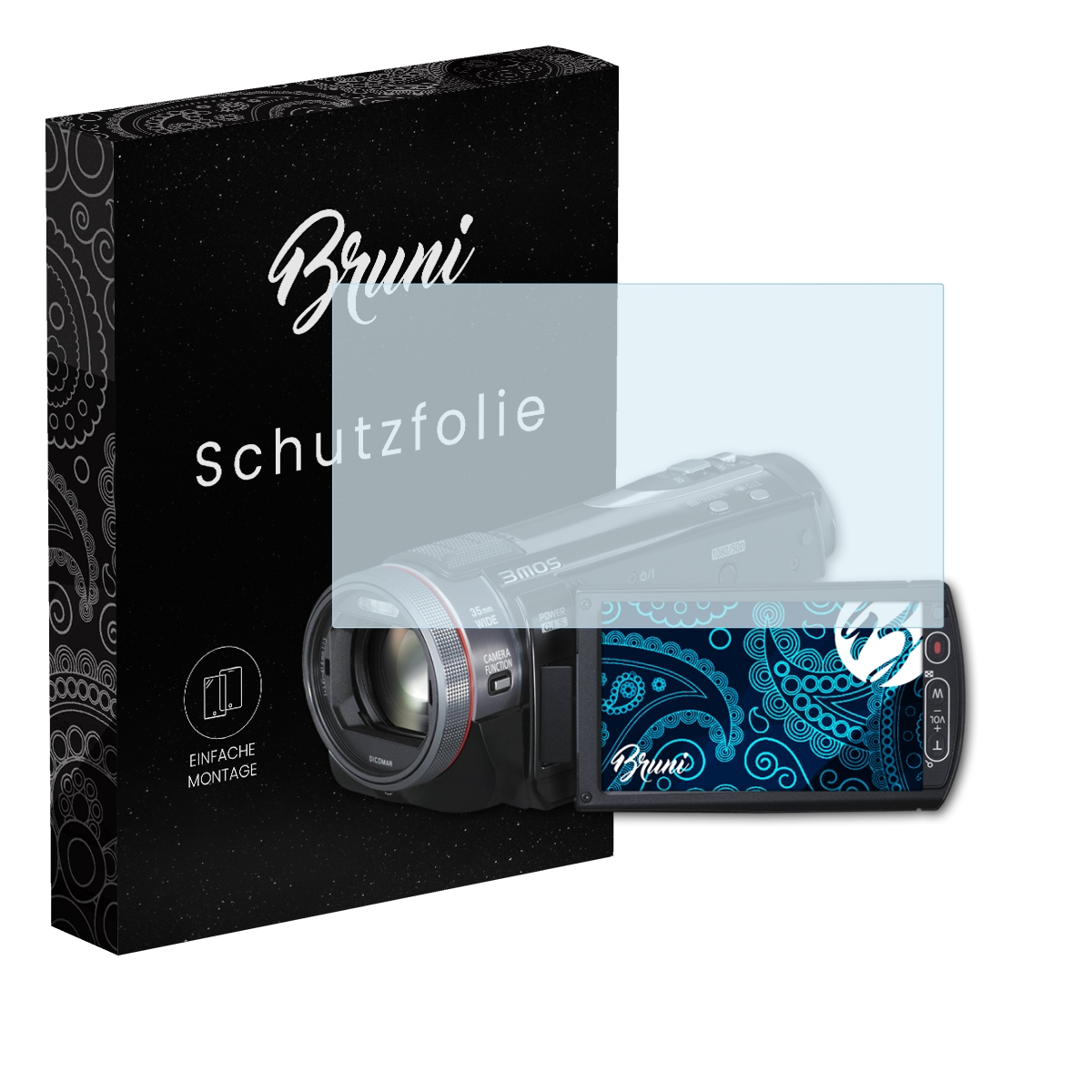 Videokamera mit Displayschutzfolie und schwarzer Schachtel mit 'Bruni' Logo.