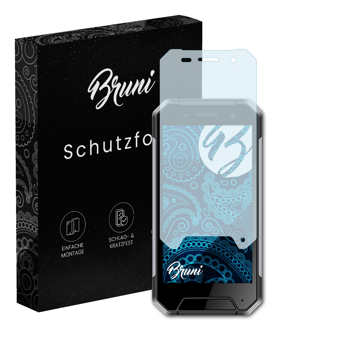 Smartphone mit Displayschutzfolie. Schwarze Box mit Branding. Transparente Displayschutzfolie.