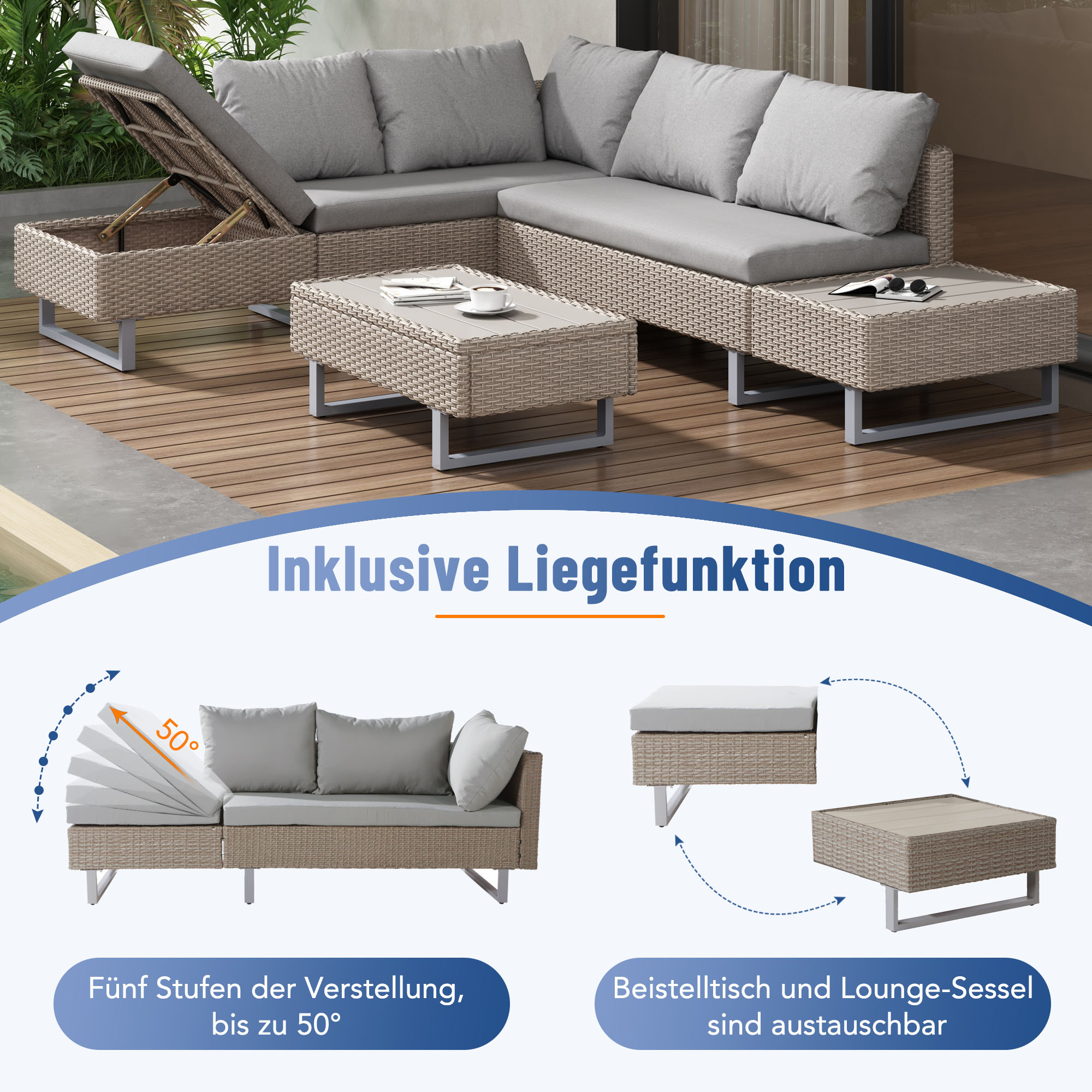 Gartenmöbel-Set mit verstellbarer Liege. Enthält Tisch und Loungesessel mit Detailansichten.