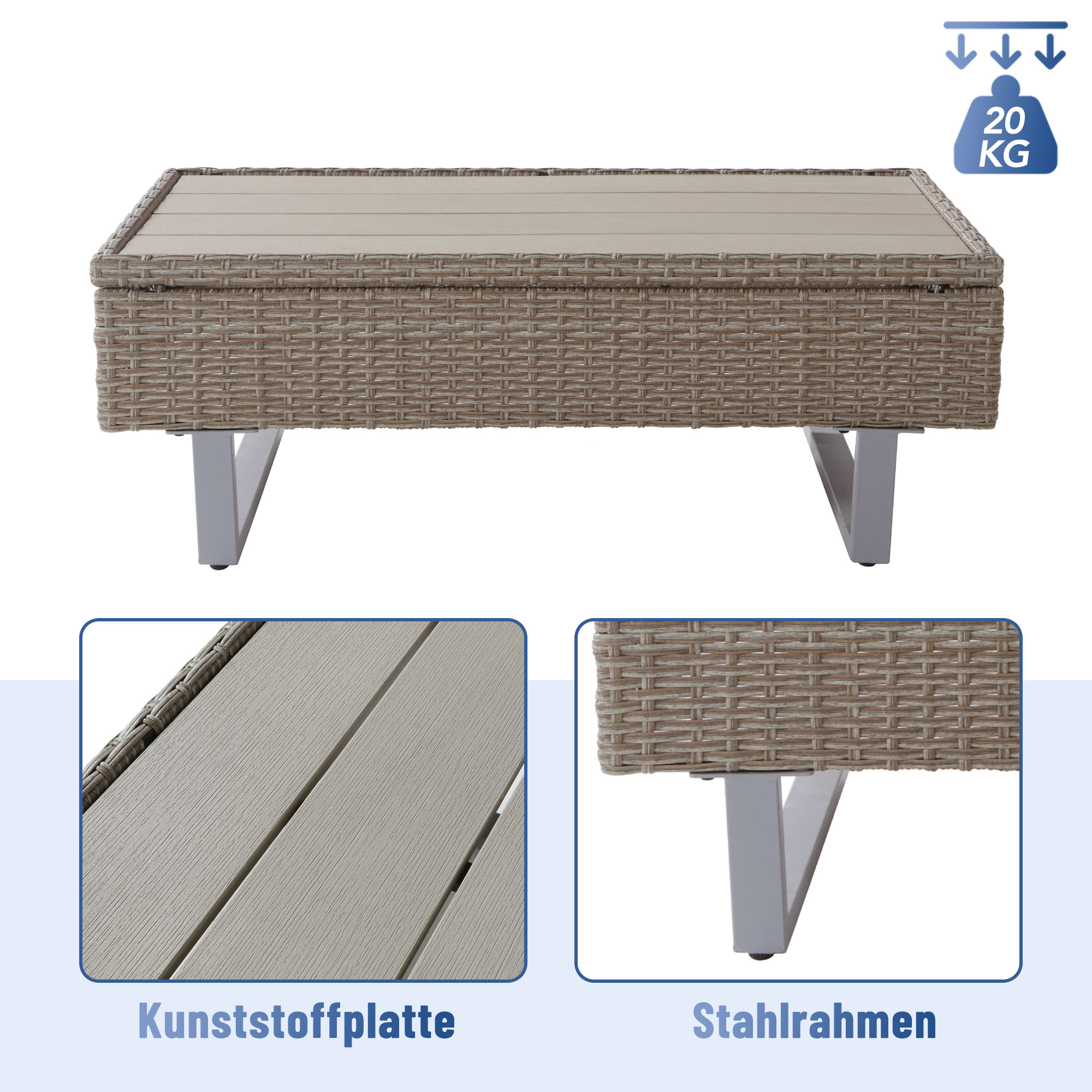 Beige-grauer Gartentisch mit Flechtdesign. Nahaufnahmen zeigen Kunststoffplatte und Metallbeine.