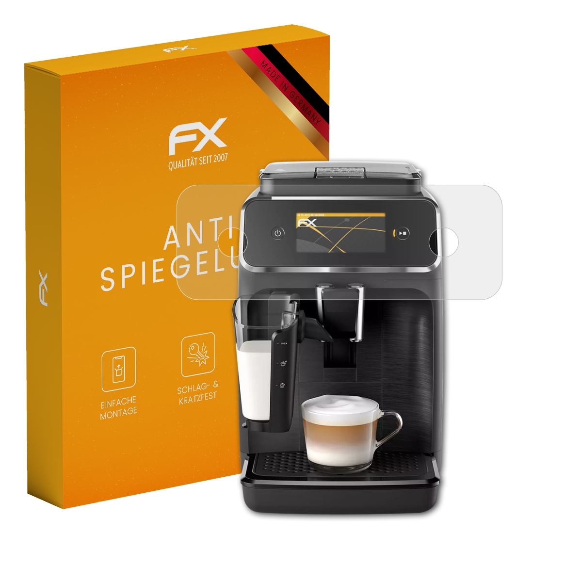 Orange Box mit Displayschutz und Kaffeemaschine. Maschine hat eine Tasse und Milch. Schutz ist klar.